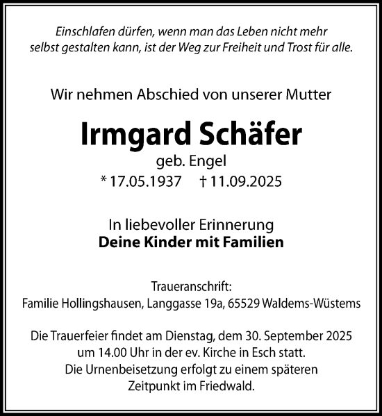 Traueranzeige von Irmgard Schäfer von Camberger Anzeiger