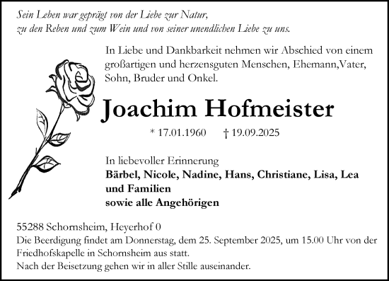 Traueranzeige von Joachim Hofmeister von Allgemeine Zeitung Alzey