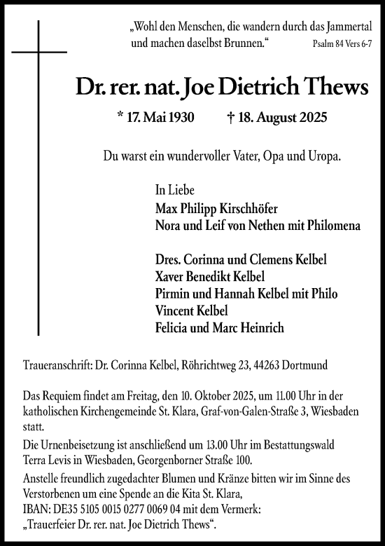 Traueranzeige von Joe Dietrich Thews von Wiesbadener Kurier Traueranzeige von Joe Dietrich Thews von Wiesbadener Kurier