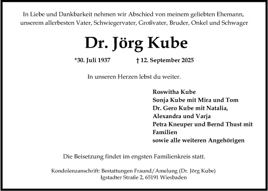 Traueranzeige von Jörg Kube von Wiesbadener Kurier Traueranzeige von Jörg Kube von Wiesbadener Kurier