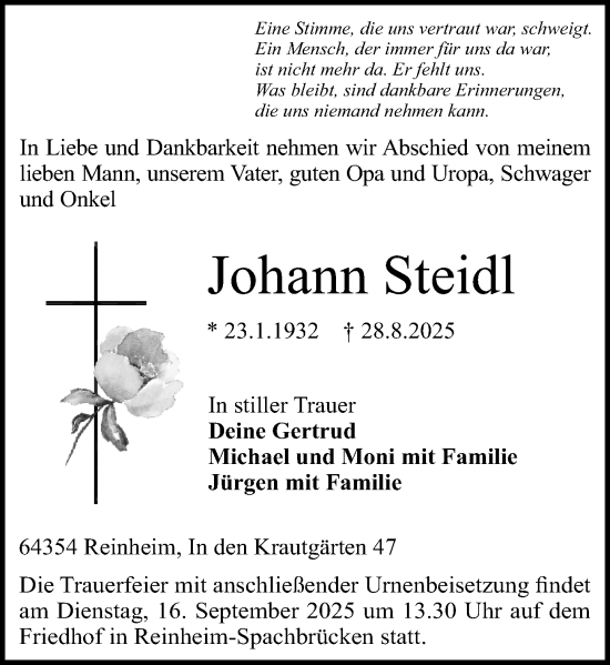 Traueranzeige von Johann Steidl von Darmstädter Echo