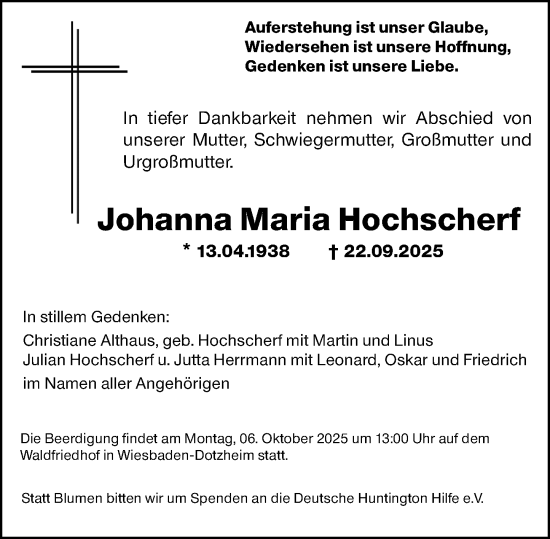 Traueranzeige von Johanna Maria Hochscherf von Wiesbadener Kurier