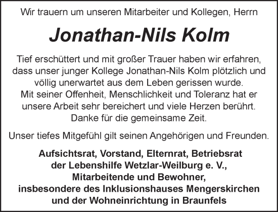 Traueranzeige von Jonathan-Nils Kolm von Weilburger Tageblatt