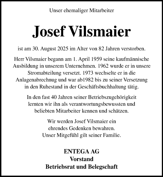 Traueranzeige von Josef Vilsmaier von Odenwälder Echo Traueranzeige von Josef Vilsmaier von Odenwälder Echo