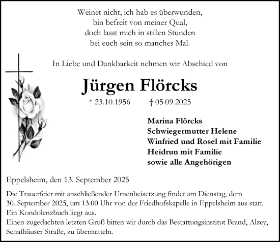 Traueranzeige von Jürgen Flörcks von Allgemeine Zeitung Alzey