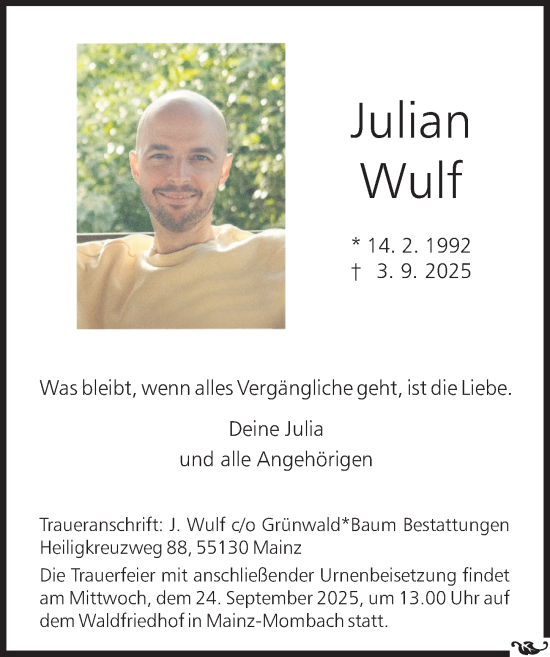 Traueranzeige von Julian Wulf von Allgemeine Zeitung Mainz