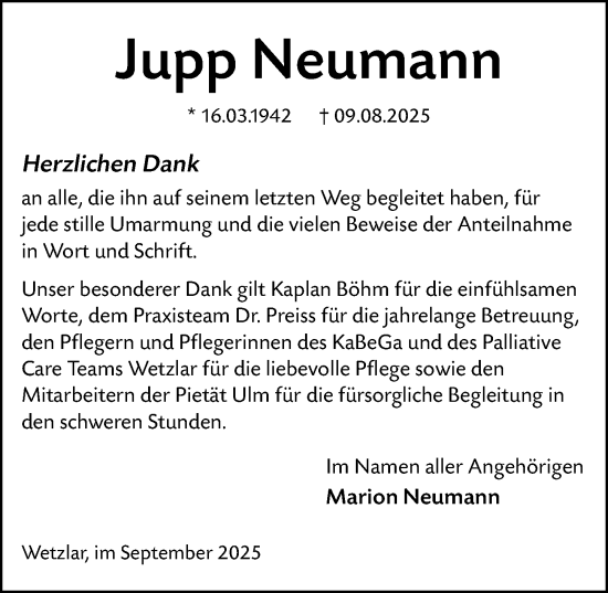Traueranzeige von Jupp Neumann von Wetzlarer Neue Zeitung