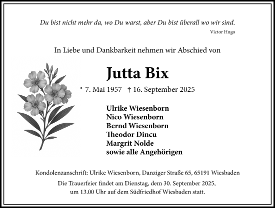 Traueranzeige von Jutta Bix von Wiesbadener Kurier Traueranzeige von Jutta Bix von Wiesbadener Kurier