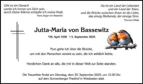 Traueranzeige von Jutta-Maria von Bassewitz von Wiesbadener Kurier