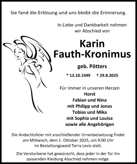 Traueranzeige von Karin Fauth-Kronimus von Wiesbadener Kurier Traueranzeige von Karin Fauth-Kronimus von Wiesbadener Kurier