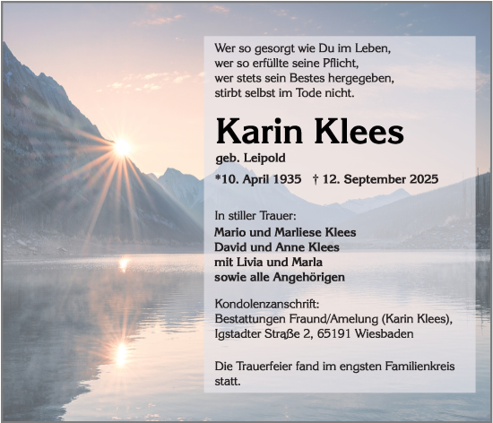 Traueranzeige von Karin Klees von Wiesbadener Kurier Traueranzeige von Karin Klees von Wiesbadener Kurier