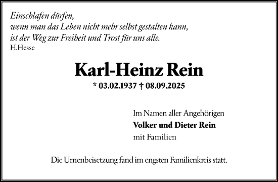 Traueranzeige von Karl-Heinz Rein von Odenwälder Echo Traueranzeige von Karl-Heinz Rein von Odenwälder Echo