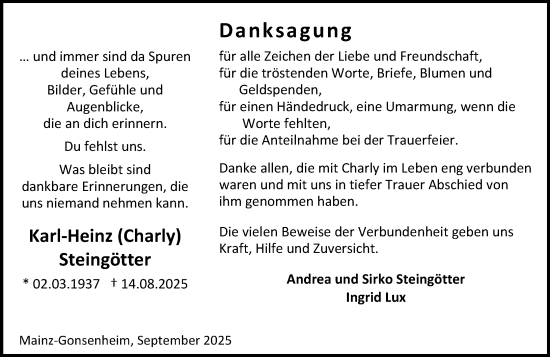 Traueranzeige von Karl-Heinz Steingötter von Allgemeine Zeitung Mainz