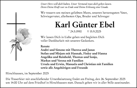 Traueranzeige von Karl Günter Ebel von Weilburger Tageblatt