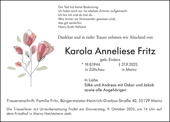 Traueranzeige von Karola Anneliese Fritz von Hochheimer Zeitung