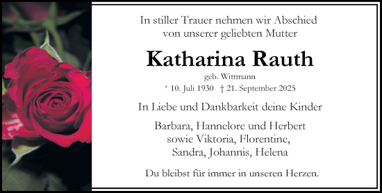 Traueranzeige von Katharina Rauth von Wiesbadener Kurier