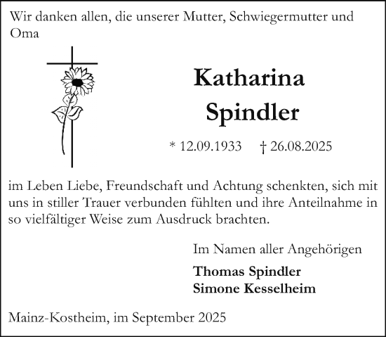 Traueranzeige von Katharina Spindler von Allgemeine Zeitung Mainz