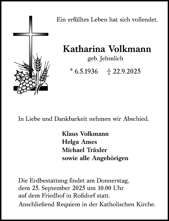 Traueranzeige von Katharina Volkmann von Darmstädter Echo Traueranzeige von Katharina Volkmann von Darmstädter Echo