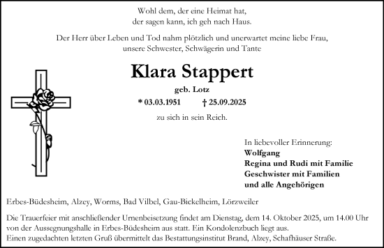 Traueranzeige von Klara Stappert von Allgemeine Zeitung Alzey