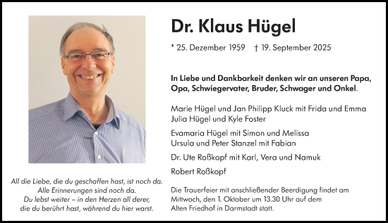 Traueranzeige von Klaus Hügel von Darmstädter Echo