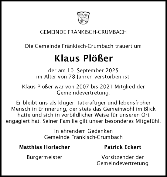 Traueranzeige von Klaus Plößer von Odenwälder Echo