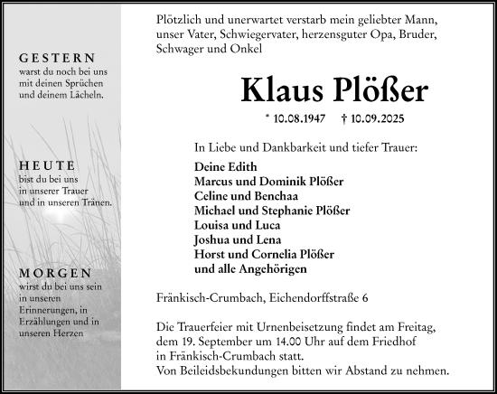 Traueranzeige von Klaus Plößer von Odenwälder Echo