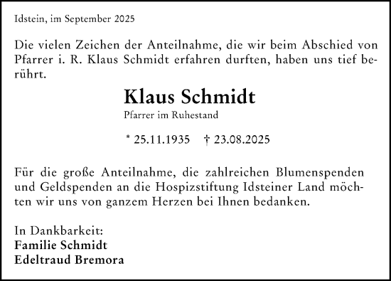 Traueranzeige von Klaus Schmidt von Idsteiner Land/Untertaunus