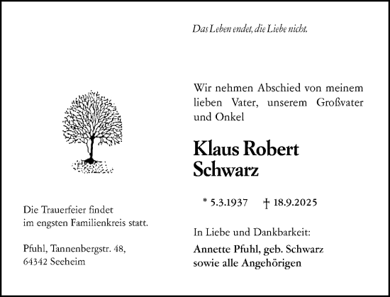 Traueranzeige von Klaus Robert Schwarz von Darmstädter Echo Traueranzeige von Klaus Robert Schwarz von Darmstädter Echo