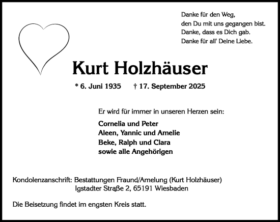 Traueranzeige von Kurt Holzhäuser von Wiesbadener Kurier Traueranzeige von Kurt Holzhäuser von Wiesbadener Kurier