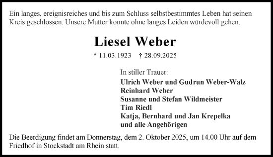 Traueranzeige von Liesel Weber von Rüsselsheimer Echo
