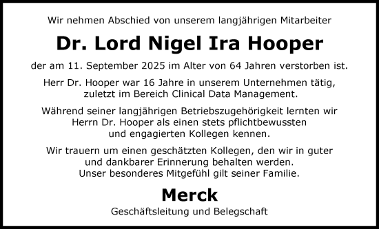 Traueranzeige von Lord Nigel Ira Hooper von Darmstädter Echo