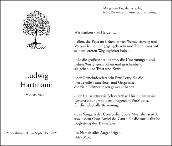 Traueranzeige von Ludwig Hartmann von Hinterländer Anzeiger