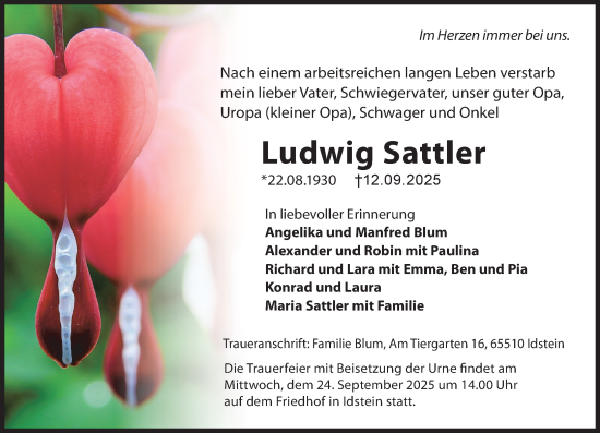 Traueranzeige von Ludwig Sattler von Idsteiner Land/Untertaunus