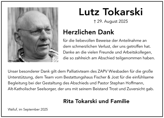 Traueranzeige von Lutz Tokarski von Wiesbadener Kurier Traueranzeige von Lutz Tokarski von Wiesbadener Kurier