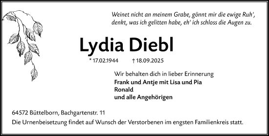 Traueranzeige von Lydia Diebl von Groß-Gerauer Echo Traueranzeige von Lydia Diebl von Groß-Gerauer Echo