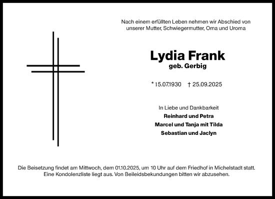 Traueranzeige von Lydia Frank von Odenwälder Echo