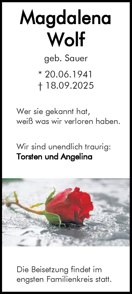 Traueranzeige von Magdalena Wolf von Allgemeine Zeitung Mainz