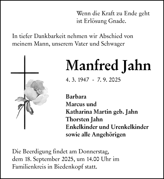 Traueranzeige von Manfred Jahn von Hinterländer Anzeiger