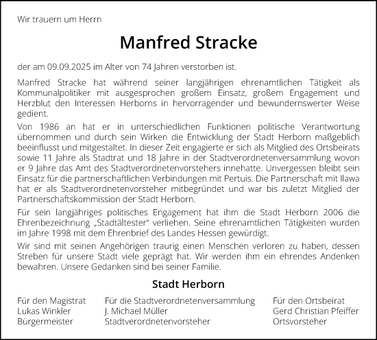 Traueranzeige von Manfred Stracke von Dill Block Traueranzeige von Manfred Stracke von Dill Block