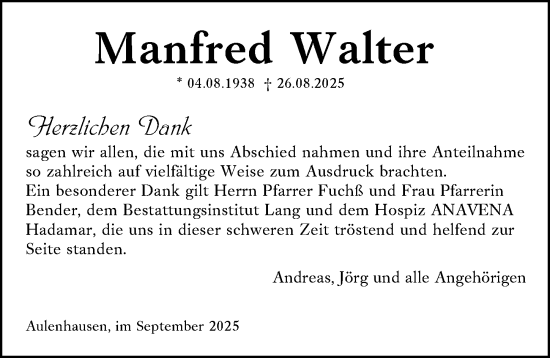 Traueranzeige von Manfred Walter von Weilburger Tageblatt