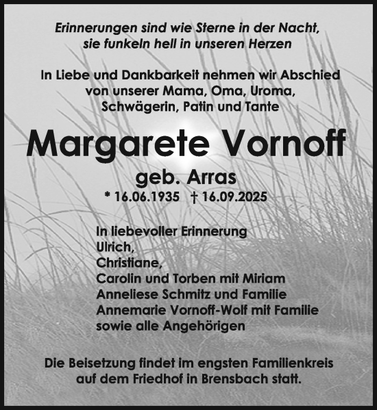 Traueranzeige von Margarete Vornoff von Odenwälder Echo Traueranzeige von Margarete Vornoff von Odenwälder Echo