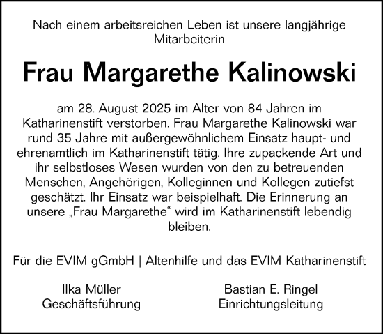 Traueranzeige von Margarethe Kalinowski von Wiesbadener Kurier