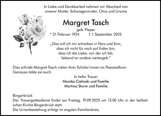 Traueranzeige von Margret Tasch von Allgemeine Zeitung Rheinhessen-Nahe