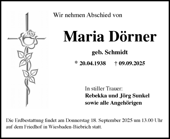 Traueranzeige von Maria Dörner von Wiesbadener Kurier