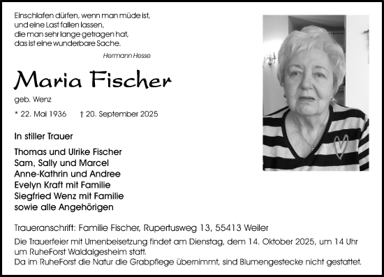 Traueranzeige von Maria Fischer von Allgemeine Zeitung Rheinhessen-Nahe