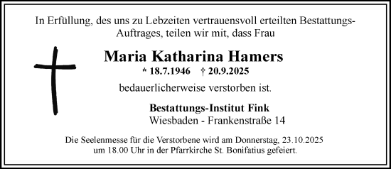 Traueranzeige von Maria Katharina Hamers von Wiesbadener Kurier Traueranzeige von Maria Katharina Hamers von Wiesbadener Kurier