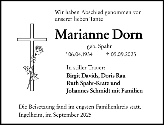 Traueranzeige von Marianne Dorn von Allgemeine Zeitung Rheinhessen-Nahe
