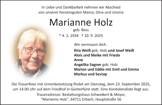 Traueranzeige von Marianne Holz von Odenwälder Echo