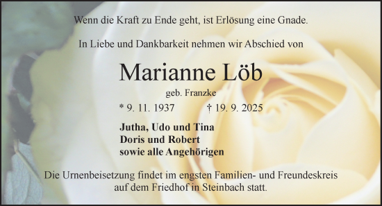 Traueranzeige von Marianne Löb von Odenwälder Echo Traueranzeige von Marianne Löb von Odenwälder Echo