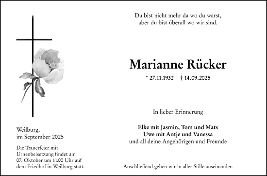 Traueranzeige von Marianne Rücker von Weilburger Tageblatt Traueranzeige von Marianne Rücker von Weilburger Tageblatt